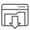 Downloads folder line icon. Computer directory with down arrow in window silhouette symbol, outline style pictogram on