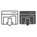 Downloads folder line and solid icon. Computer directory with down arrow in window silhouette symbol, outline style
