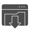 Downloads folder solid icon. Computer directory with down arrow in window silhouette symbol, glyph style pictogram on
