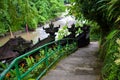 Downside steps going towards the river in Bali Indonesia. Green plants both sides of the stairs