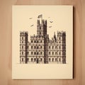 Downton Abbey Print In Cardboard Style With Architectural Illustrations And Detailed Wildlife