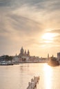 Downtown Amsterdam during a fabulous sunset. View from the NEMO museum. The Dutch capital Royalty Free Stock Photo