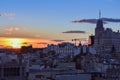 Downtown areal view of Madrid from the Circulo de Bellas Artes at sunset with colourful sky. Madrid,