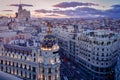Downtown areal view of Madris from the Circulo de Bellas Artes at sunset with colourful sky, Spain