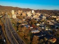 Downtown Asheville, North Carolina. Aerial drone view of the city in the Blue Ridge Mountains during Autumn / Fall Season.  Archit Royalty Free Stock Photo