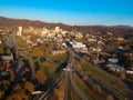 Downtown Asheville, North Carolina. Aerial drone view of the city in the Blue Ridge Mountains during Autumn / Fall Season.  Archit Royalty Free Stock Photo