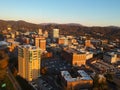 Downtown Asheville, North Carolina. Aerial drone view of the city in the Blue Ridge Mountains during Autumn / Fall Season.  Archit Royalty Free Stock Photo