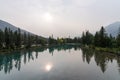 Downtown Banff Avenue as a haze. Smoke from the forest wildfires