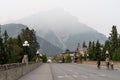 Downtown Banff Avenue as a haze. Smoke from the forest wildfires Royalty Free Stock Photo