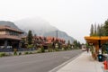 Downtown Banff Avenue as a haze. Smoke from the forest wildfires