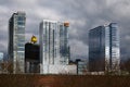 Downtown Bellevue Washington skyline with dark clouds Royalty Free Stock Photo