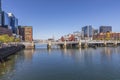 Downtown Boston skyscraper with mixture of old and modern architecture at the river and view to Boston Teaparty museum