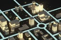 Downtown building at night, simulation city, 3d rendering