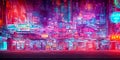 downtown busy urban night nightlife rain reflection neon city wet illustration