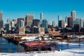 Downtown Chicago cityscape in below freezing temperatures.