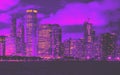 Downtown Chicago cityscape skyline at night 1980`s retro style