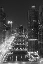 Downtown Chicago at night in black and white. Royalty Free Stock Photo