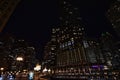 Downtown Chicago at night with Trump tower on the river Royalty Free Stock Photo