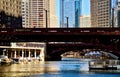 Downtown Chicago River view with pedestrian sign on riverwalk Royalty Free Stock Photo