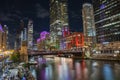 Downtown Chicago, Riverwalk, Clark Street Bridge at night Royalty Free Stock Photo