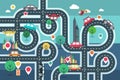 Downtown City Map with Pins and Cars on Road