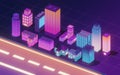 Downtown city, neon glowing building, 3d rendering