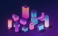 Downtown city, neon glowing building, 3d rendering