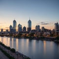 Downtown city skyline panoramic view of Philadelphia Pennsylvania USA over the Schuylkill River and boardwalk made