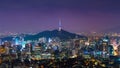 Downtown cityscape at night in Seoul, South Korea. Royalty Free Stock Photo