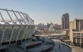 Downtown cityscape with Olimpiyskiy National Sports Complex in Kyiv, Ukraine