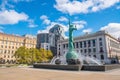 Downtown Cleveland skyline and Fountain of Eternal Life Statue Royalty Free Stock Photo