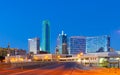 Downtown Dallas skyline at night with illuminated glass buildings seen from Houston Street Royalty Free Stock Photo