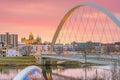 Downtown Des Moines city skyline cityscape of Iowa and public park in USA Royalty Free Stock Photo