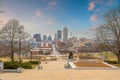 Downtown Des Moines city skyline cityscape of Iowa and public park in USA Royalty Free Stock Photo