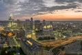 Downtown district of Cincinnati in Ohio, USA at night with brightly illuminated high skyscraper buildings. American Royalty Free Stock Photo