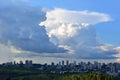 Downtown. far away with sky with threatening rain clouds in panoramic photo, with buildings and modern architecture Royalty Free Stock Photo
