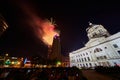 Downtown Fort Wayne courthouse lawn with crowd watching 4th of July fireworks over Lincoln Tower