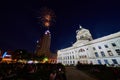 Downtown Fort Wayne fireworks over Lincoln Tower with view of courthouse and lawn with crowd