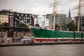 Downtown Hamburg on a cloudy day. Boats passing on the waterways. Royalty Free Stock Photo
