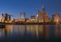 Downtown view across Lady Bird Lake or Town Lake on Colorado River at sunset golden hour in Austin, Texas, USA Royalty Free Stock Photo