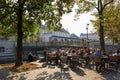 Downtown Ljubljana street along canal, by Buther`s bridge, famou Royalty Free Stock Photo