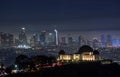 Downtown Los angeles cityscape with fireworks celebrating New Year`s Eve.