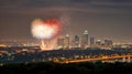 Downtown Los angeles cityscape with flashing fireworks celebrating New Year\'s Eve. Independence day celebration. Royalty Free Stock Photo