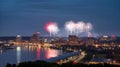 Downtown Los angeles cityscape with flashing fireworks celebrating New Year\'s Eve. Independence day celebration. Royalty Free Stock Photo