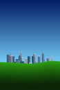 Downtown Los Angeles cityscape, green grass and blue sky