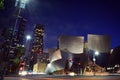 Downtown los angeles night time city life long exposure bright lights Walt Disney concert hall