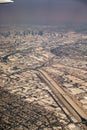Downtown los angeles skyline and suburbs from airplane and smoke from wild fires