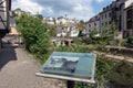Downtown Luxembourg city Grund with information panel along Alzette river