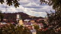 Downtown of Lviv in frame from leaves, Vintage processing