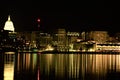 Downtown Madison at night from Olin Park on lake Mendota capitol and Monona terrace Royalty Free Stock Photo